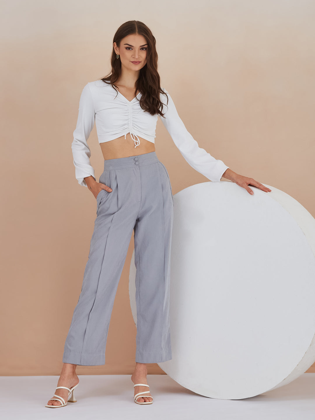 Latin Quarters Women Blue Solid High-Rise Wide Leg Trousers for Formal Occasion