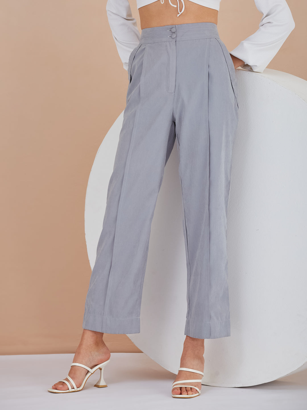 Latin Quarters Women Blue Solid High-Rise Wide Leg Trousers for Formal Occasion