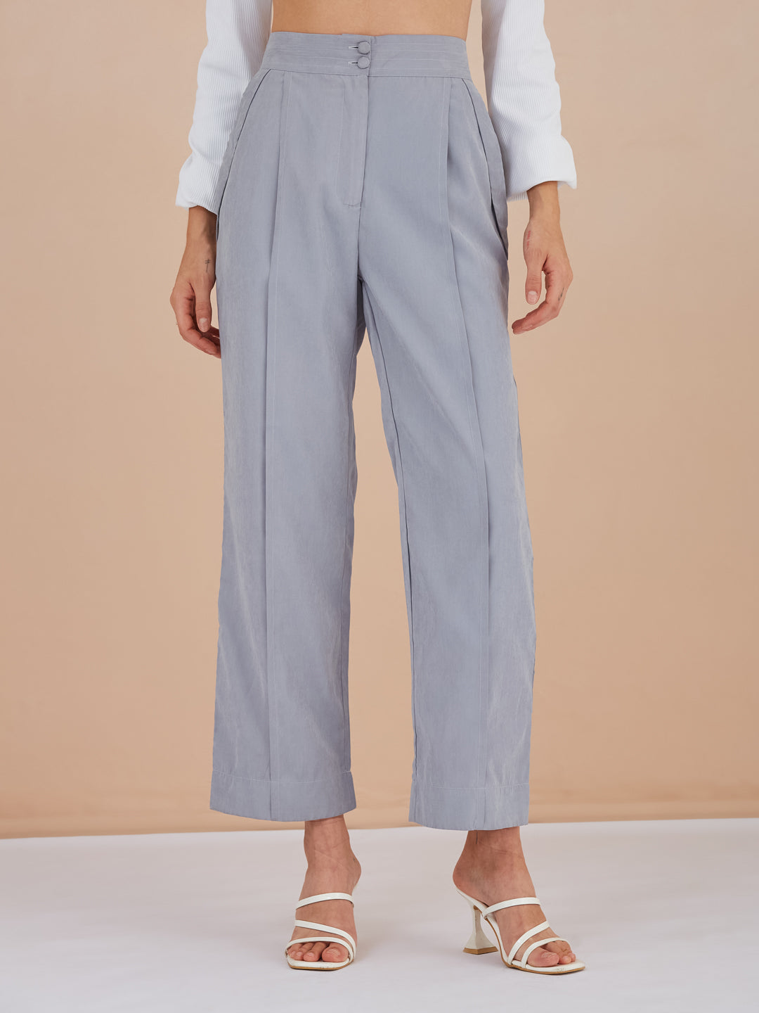 Latin Quarters Women Blue Solid High-Rise Wide Leg Trousers for Formal Occasion