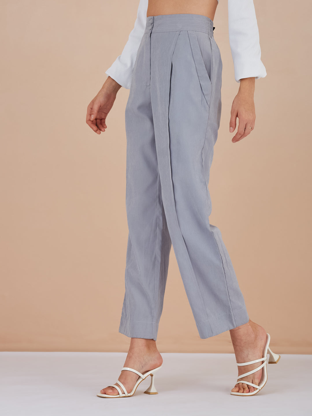 Latin Quarters Women Blue Solid High-Rise Wide Leg Trousers for Formal Occasion