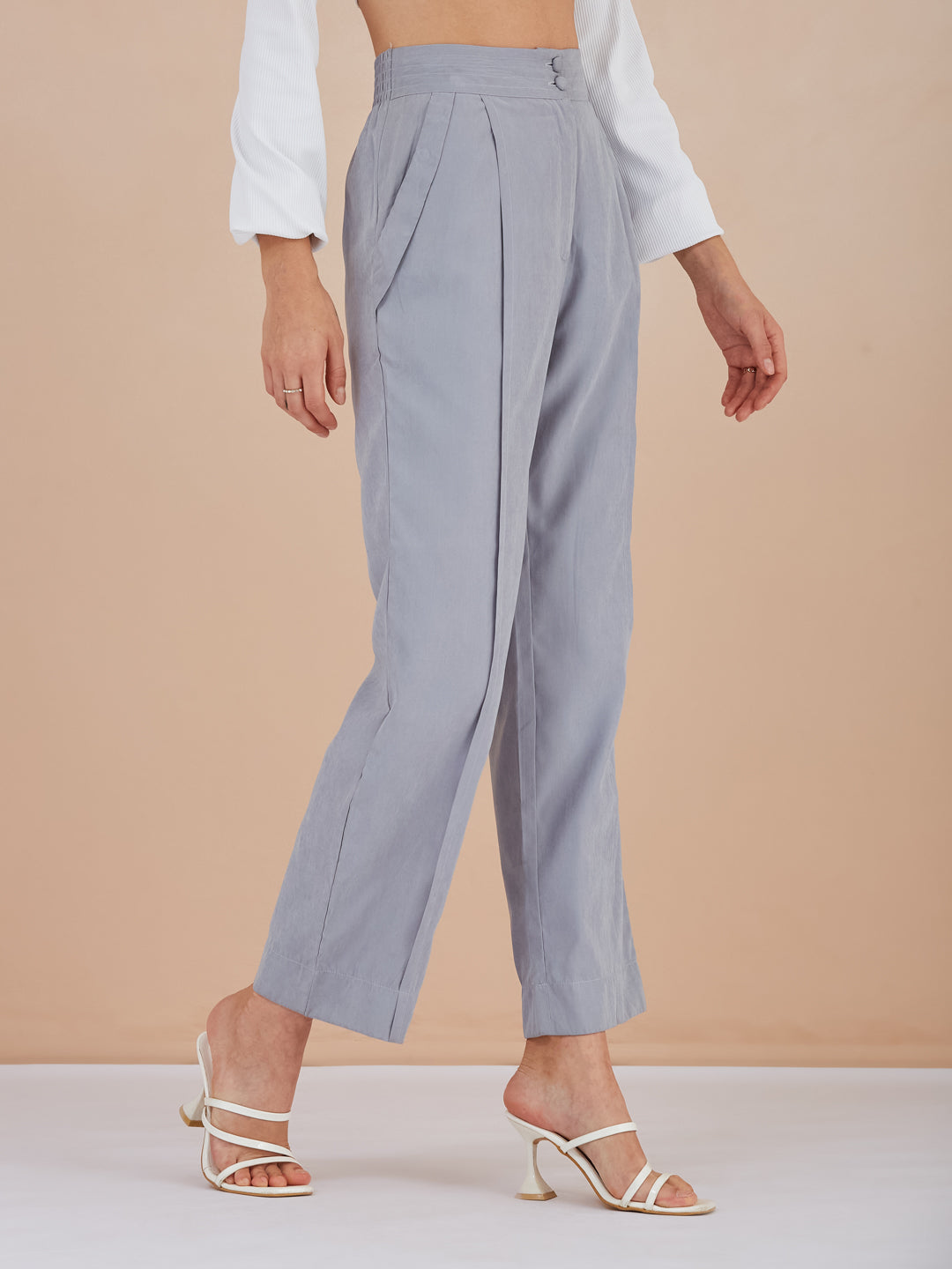 Latin Quarters Women Blue Solid High-Rise Wide Leg Trousers for Formal Occasion