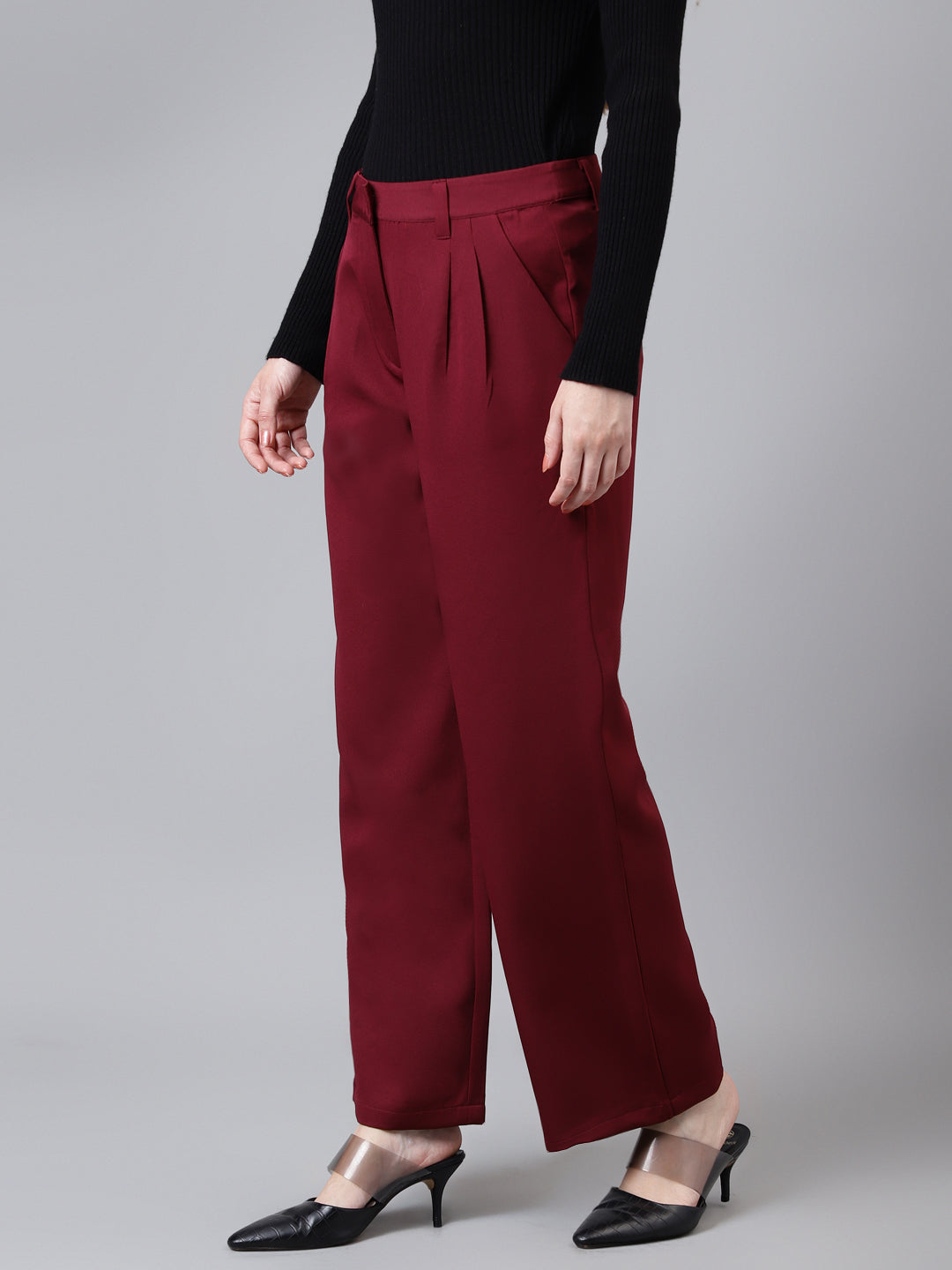 Maroon Solid Long Straight Pant