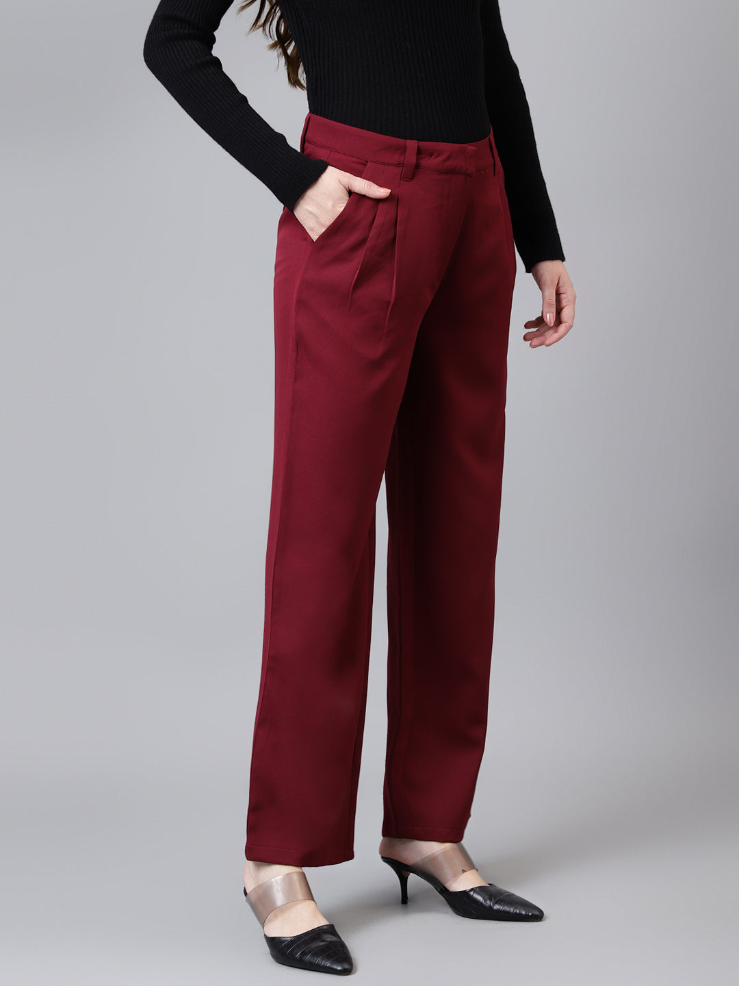 Maroon Solid Long Straight Pant