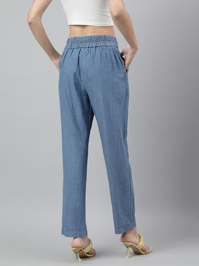 Blue Solid Straight Pant for Women Casual Wear