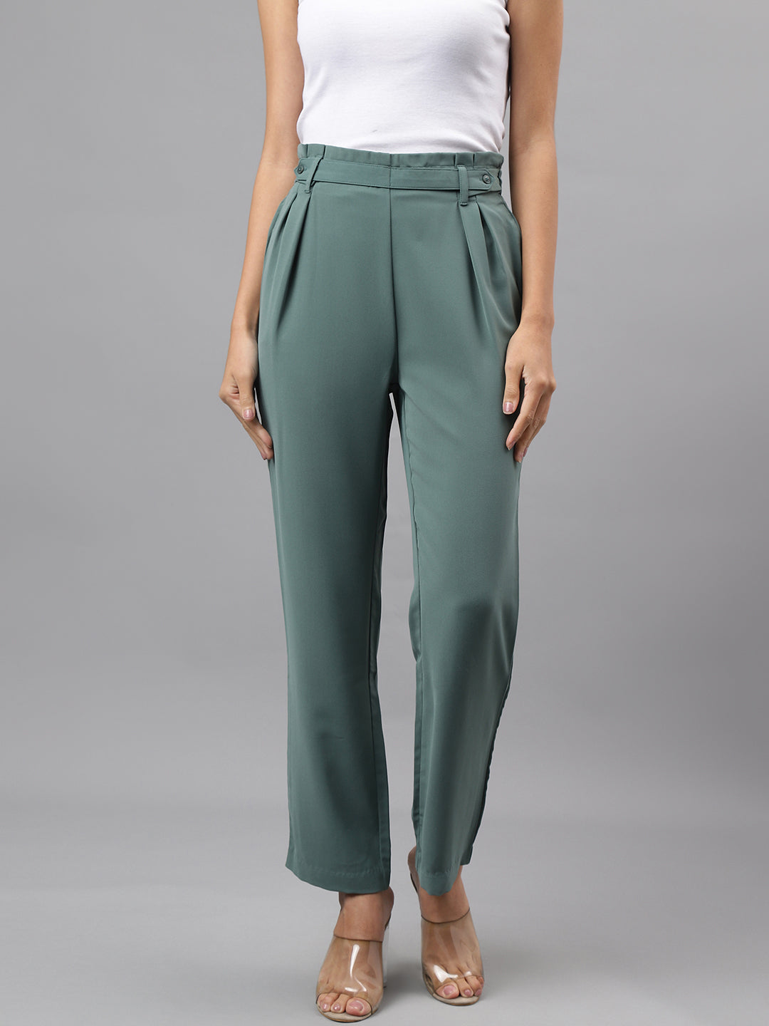 Green Solid Women Straight Pant