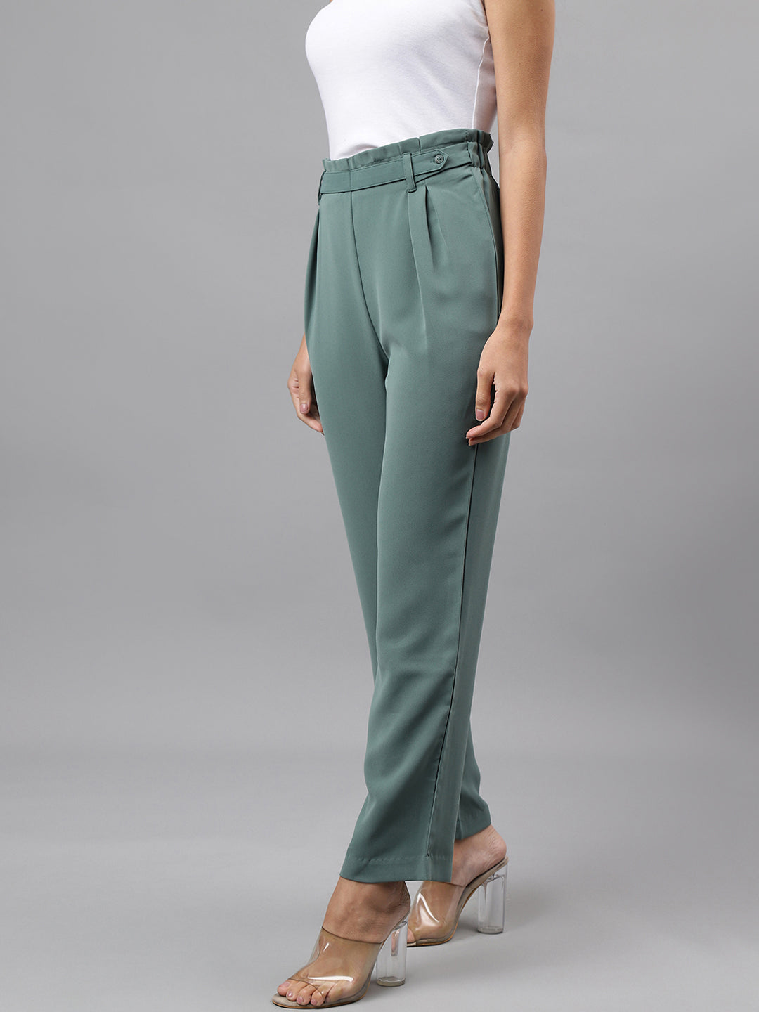 Green Solid Women Straight Pant
