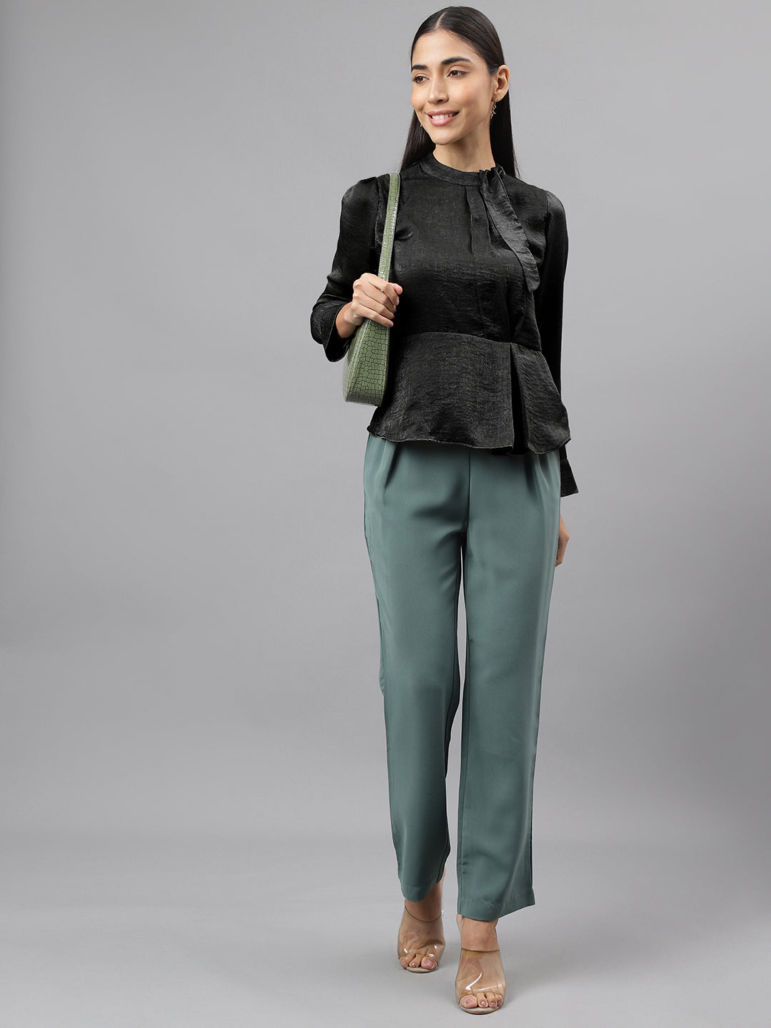 Green Solid Women Straight Pant