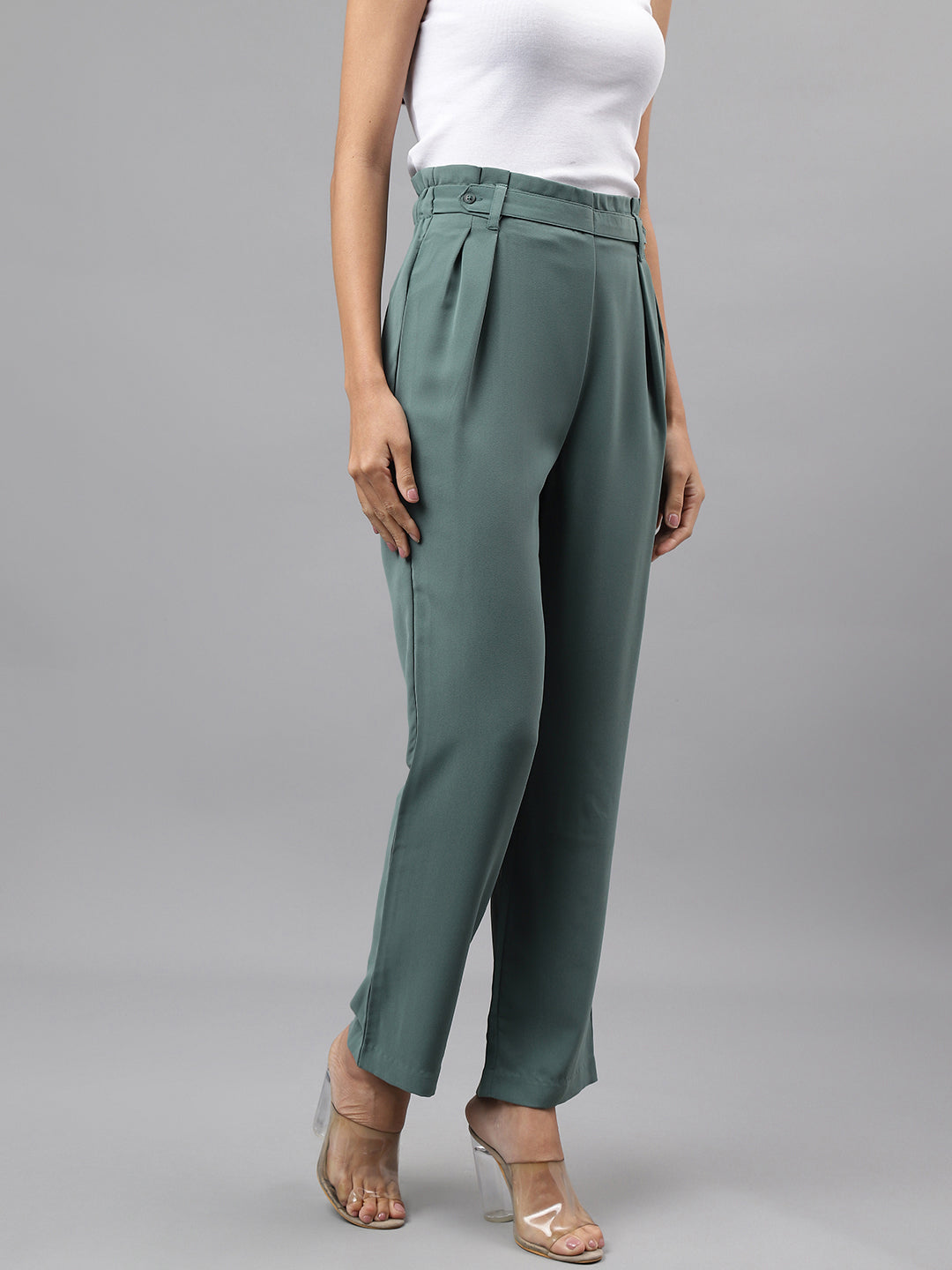 Green Solid Women Straight Pant