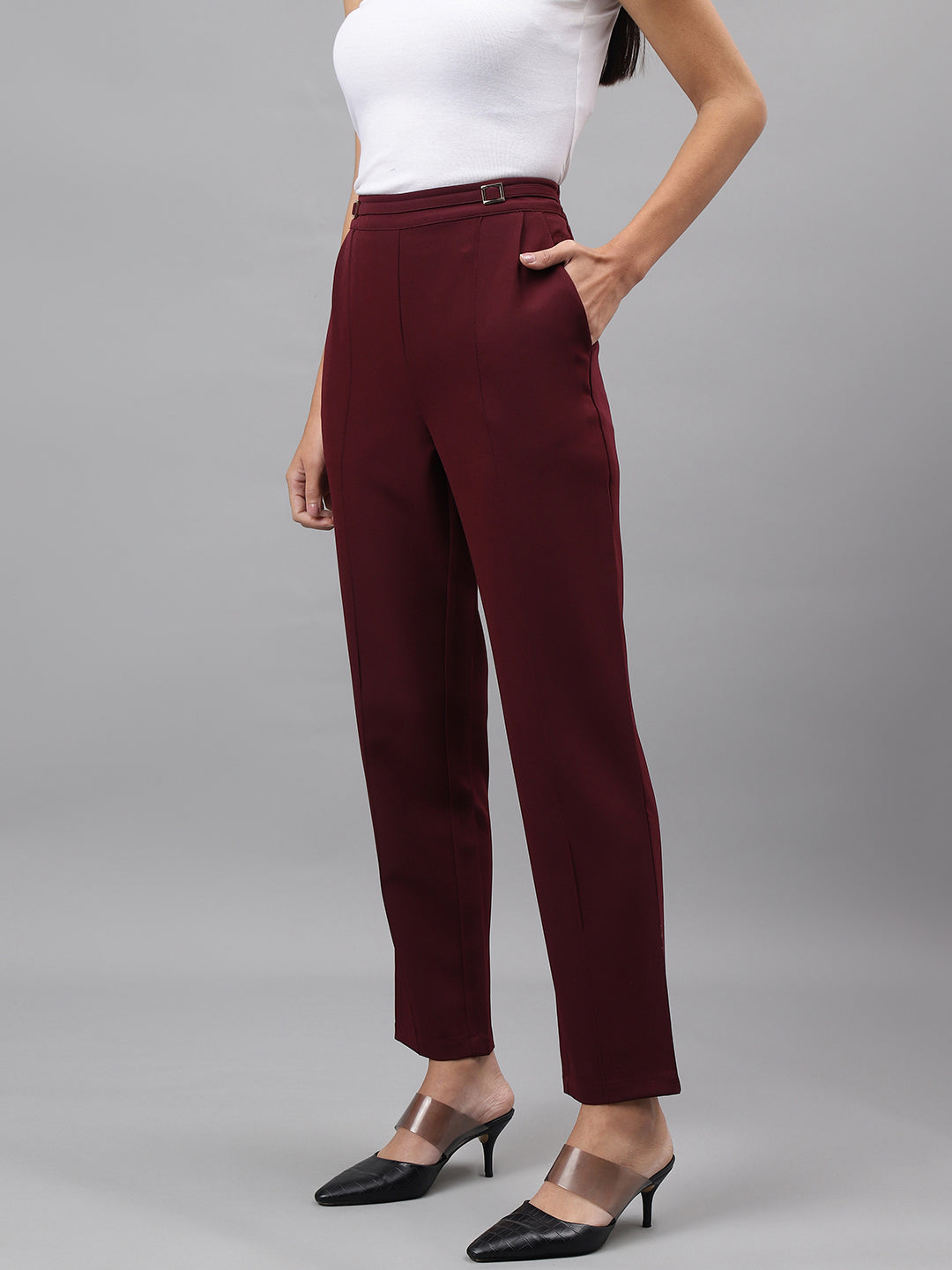 Maroon Solid Straight Pant