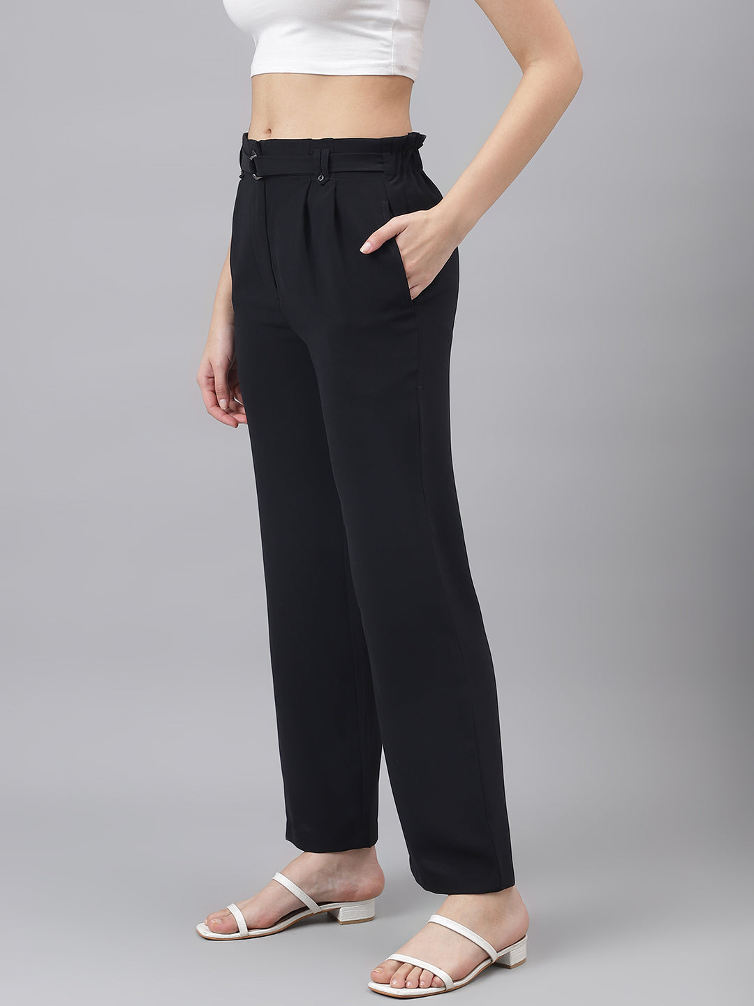 Women Black Mid-Rise Solid Trousers With 2 Pocket