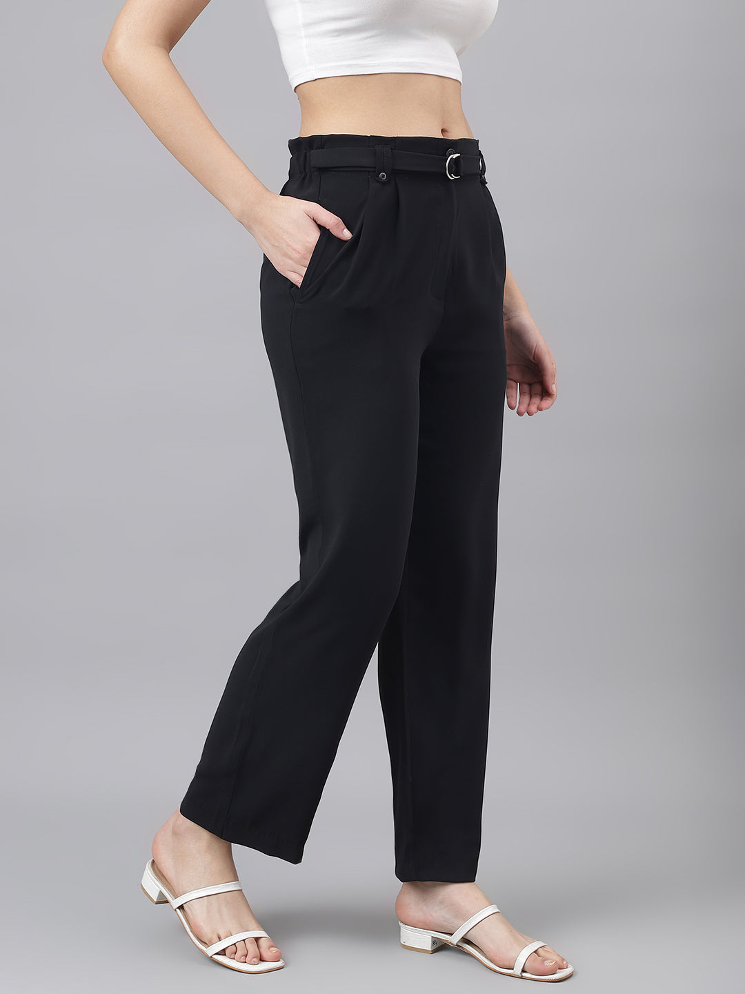 Women Black Mid-Rise Solid Trousers With 2 Pocket