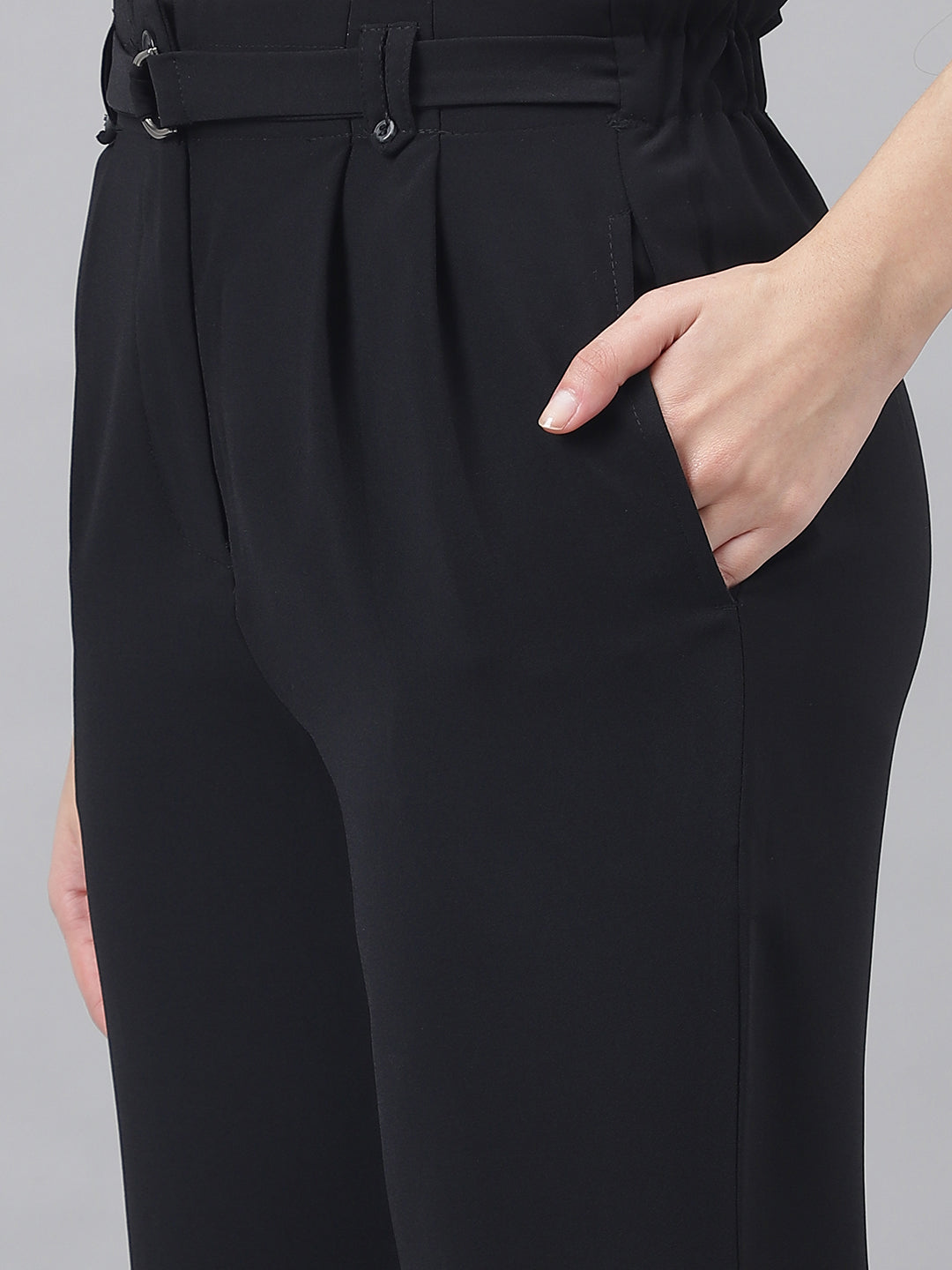 Women Black Mid-Rise Solid Trousers With 2 Pocket