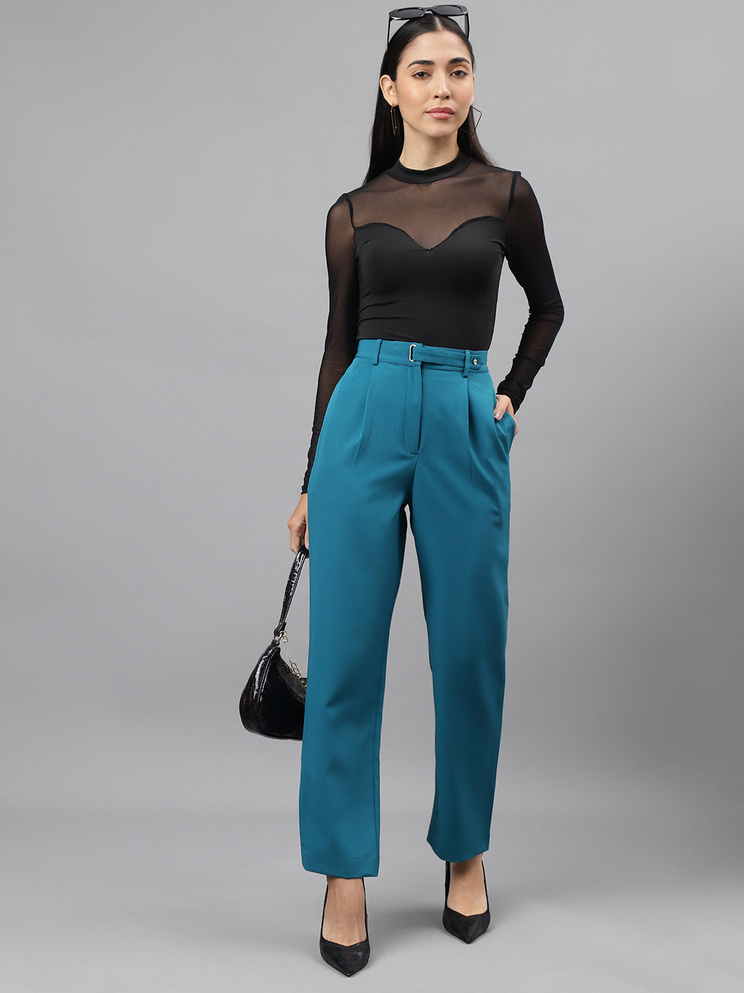 Turquoise Solid Women Straight Pant