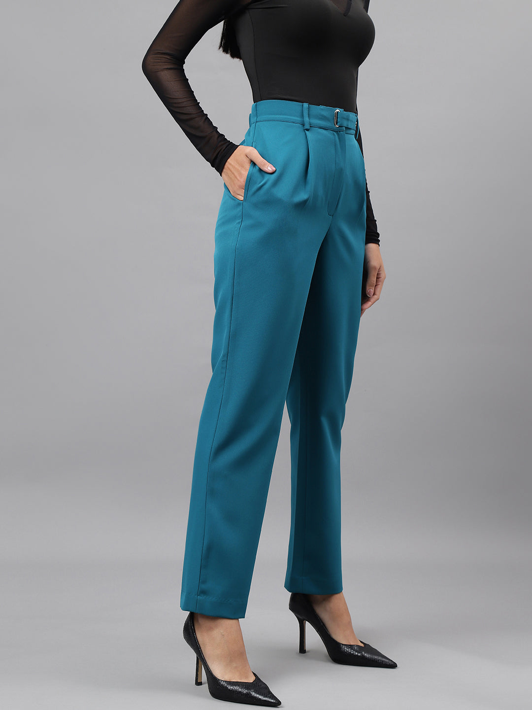 Turquoise Solid Women Straight Pant
