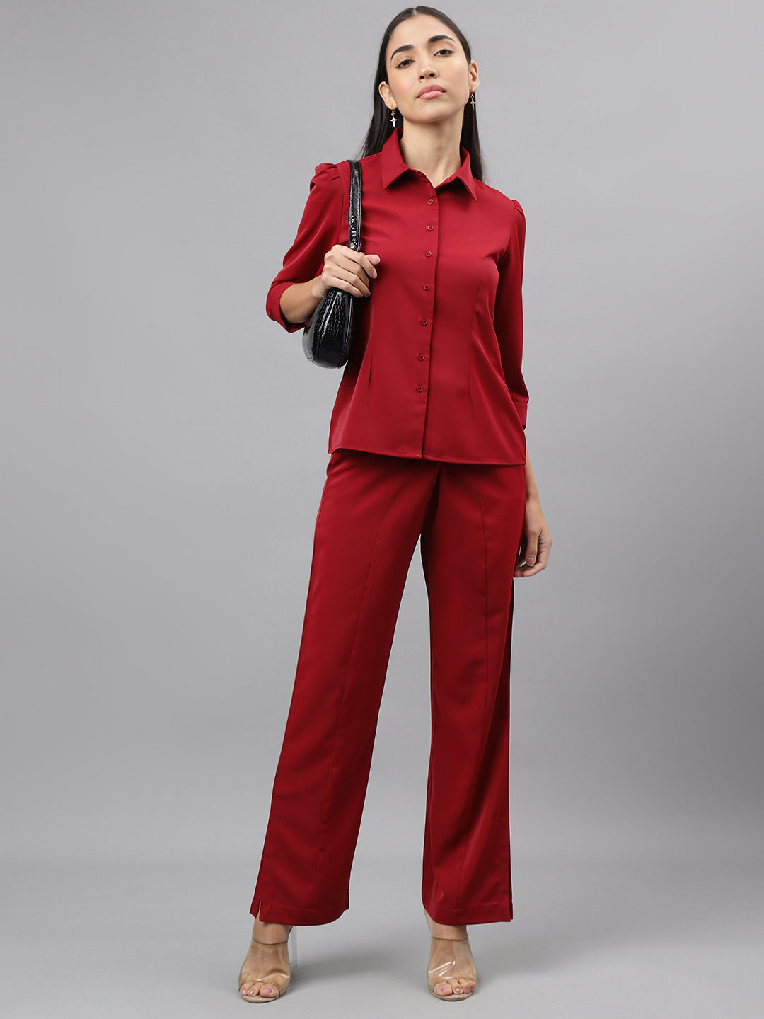 Women Maroon Solid Straight Pant