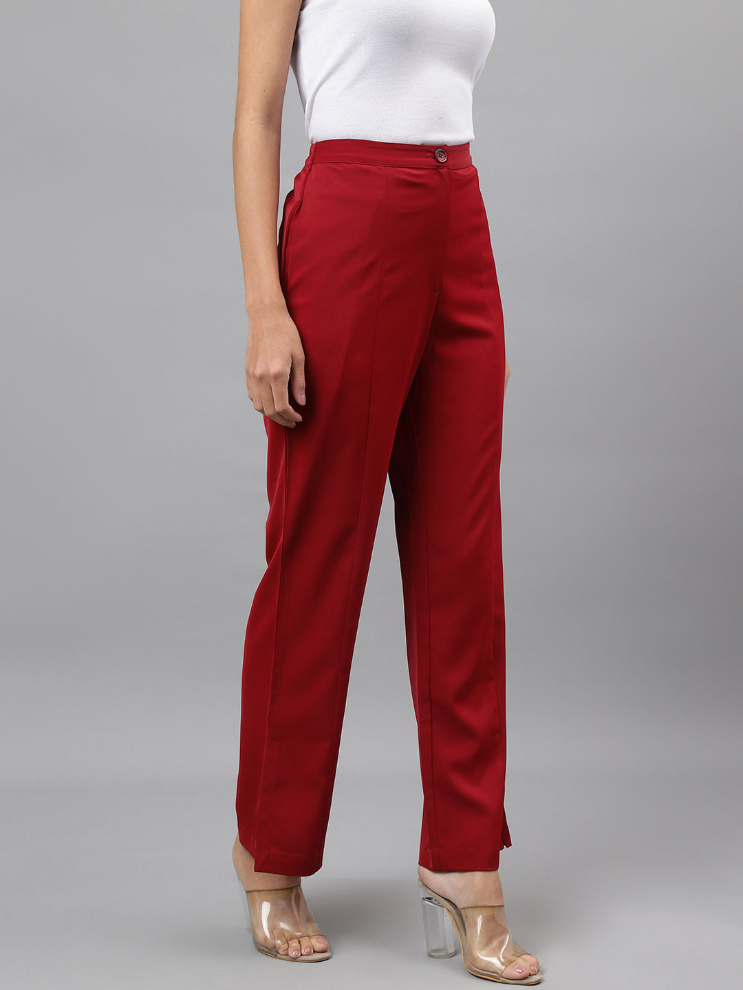 Women Maroon Solid Straight Pant