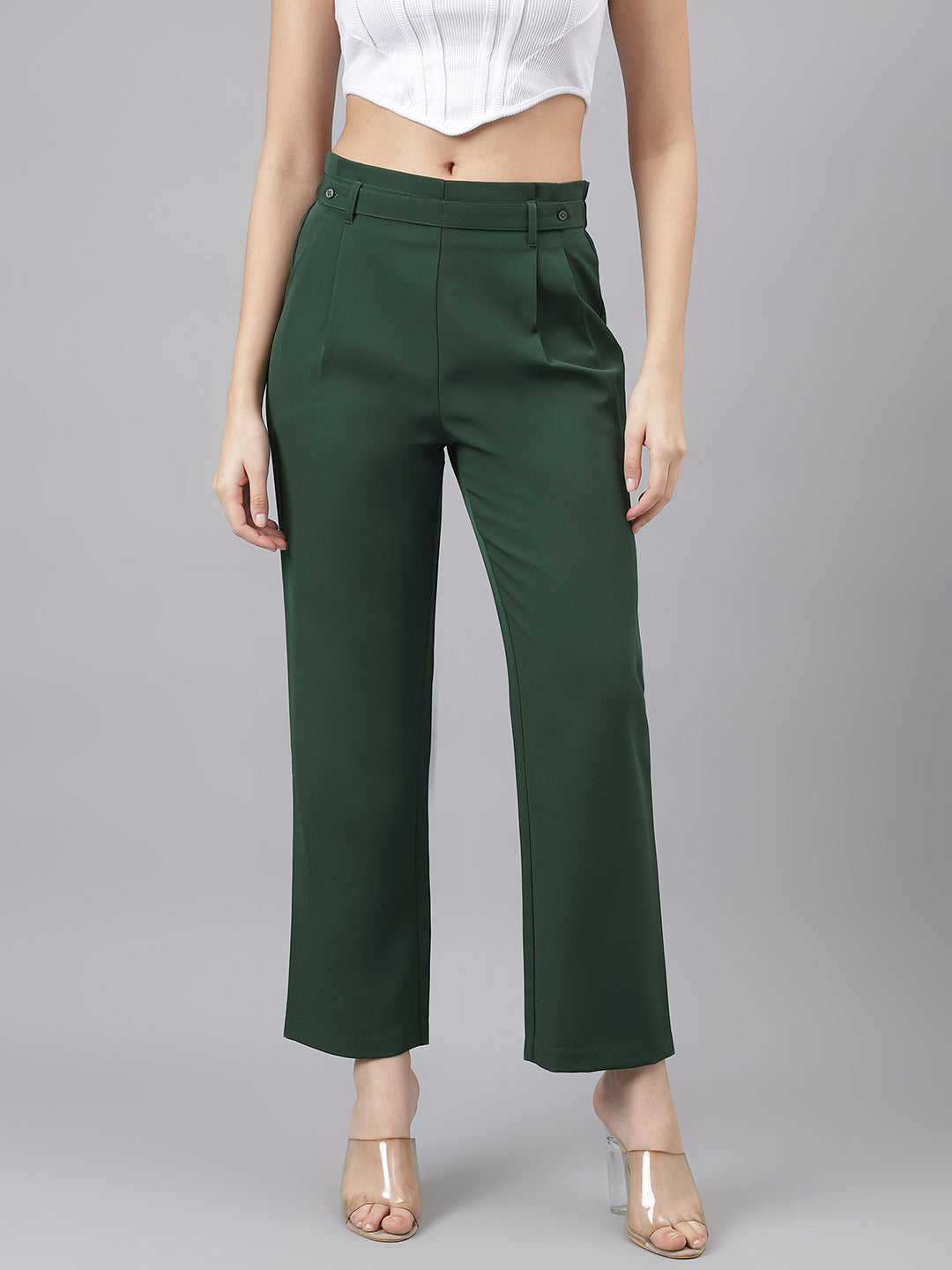 Women Green Mid-Rise Solid Trousers With 2 Pocket Women Green Mid-Rise Solid Trousers With 2 Pocket