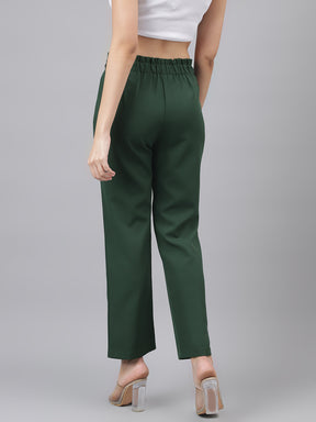 Women Green Mid-Rise Solid Trousers With 2 Pocket