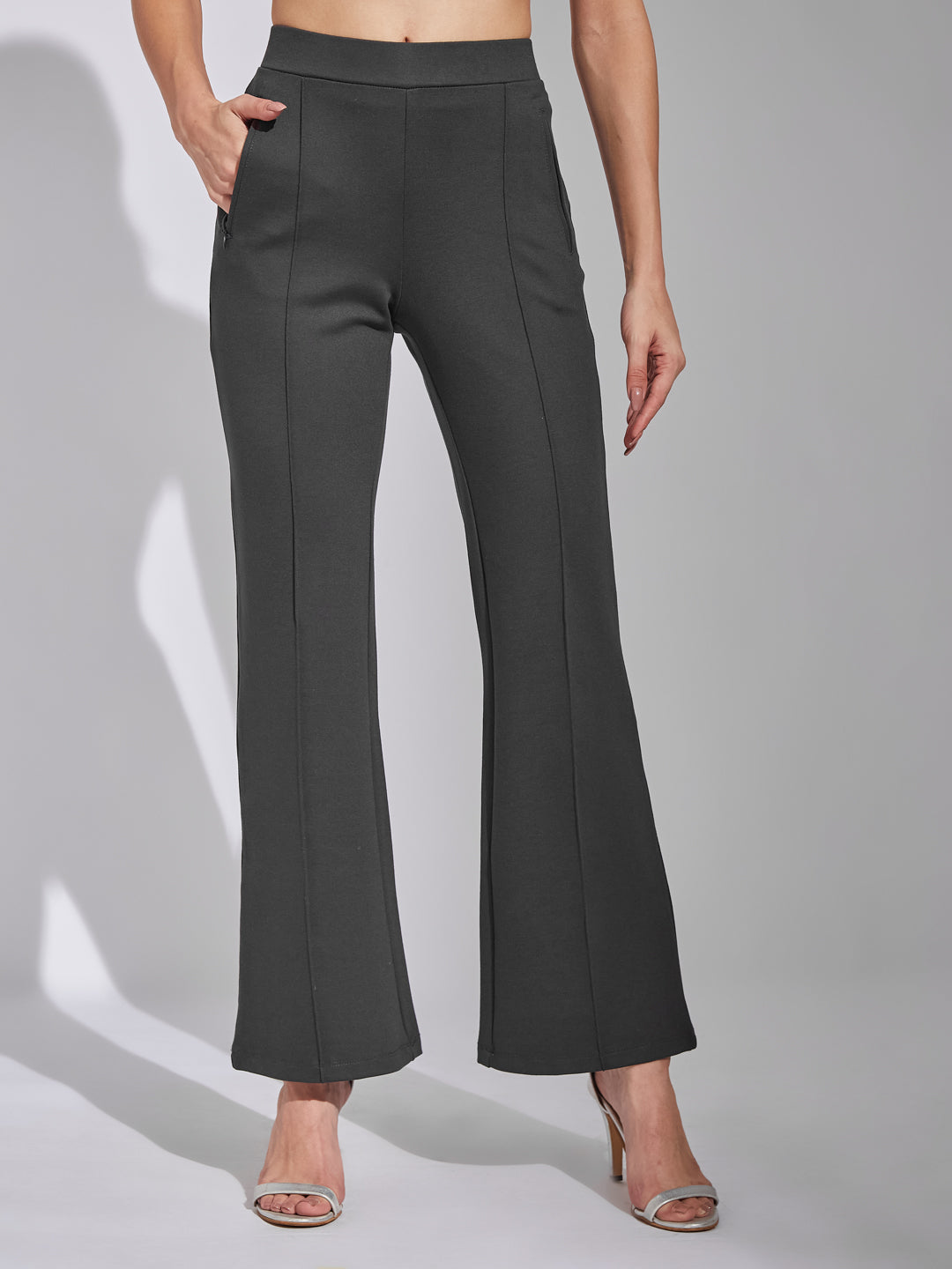 Latin Quarters Women Grey Solid High Rise Casual Flared Trouser