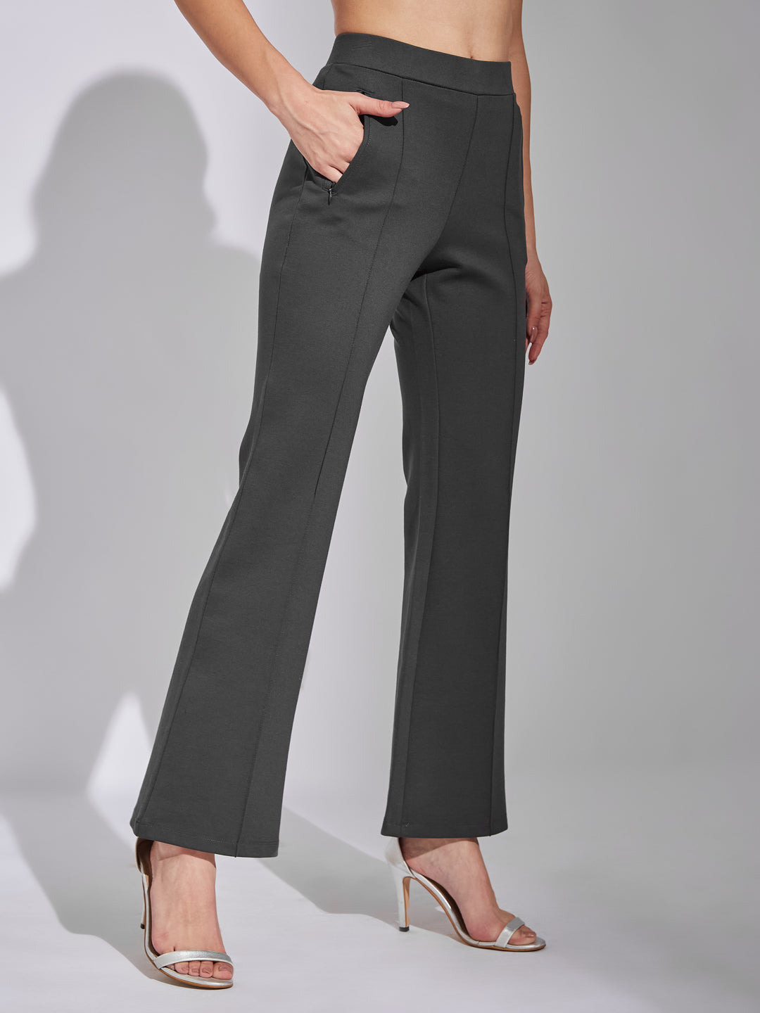 Latin Quarters Women Grey Solid High Rise Casual Flared Trouser