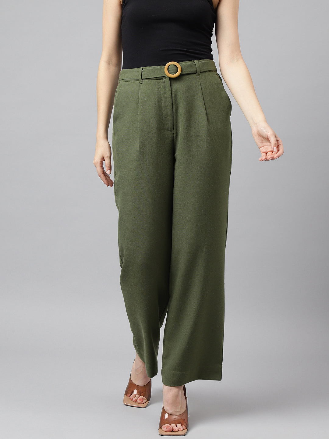 Green Solid High-Rise Trousers/Pant For Casual Wear