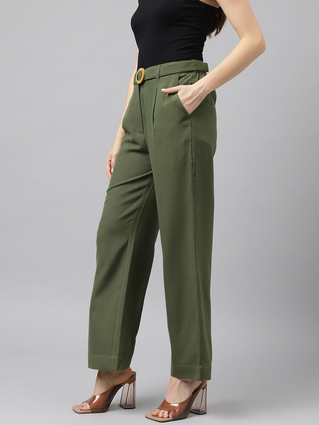 Green Solid High-Rise Trousers/Pant For Casual Wear