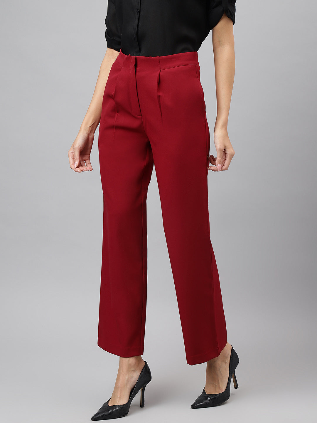 Latin Quarters Women Red Solid High Rise Casual Trouser
