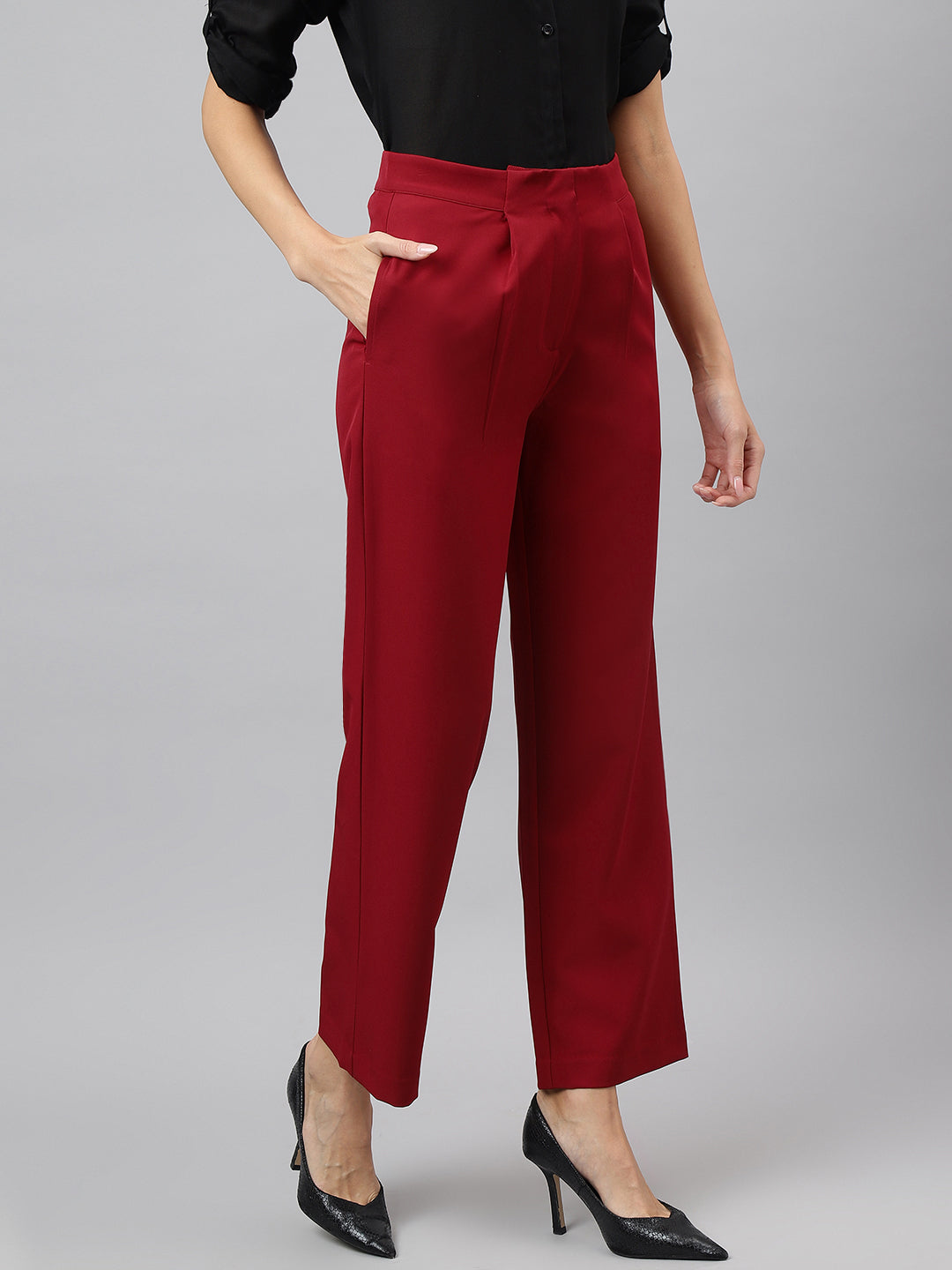 Latin Quarters Women Red Solid High Rise Casual Trouser