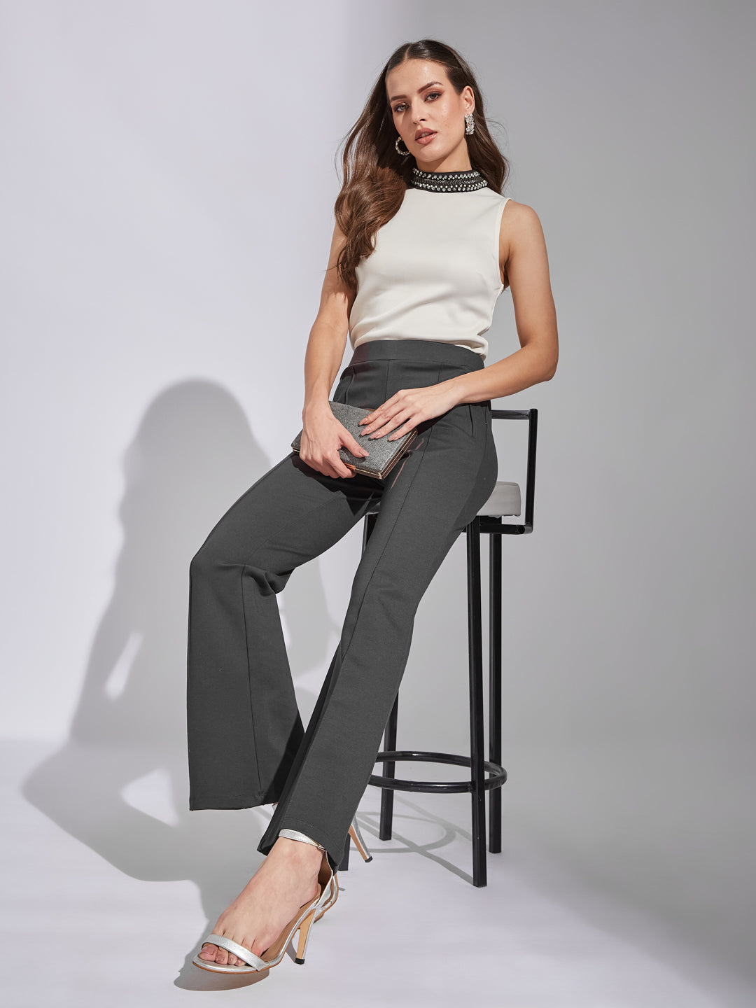 Latin Quarters Women Grey Solid High Rise Casual Flared Trouser