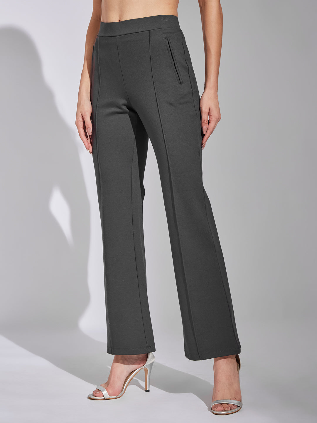 Latin Quarters Women Grey Solid High Rise Casual Flared Trouser