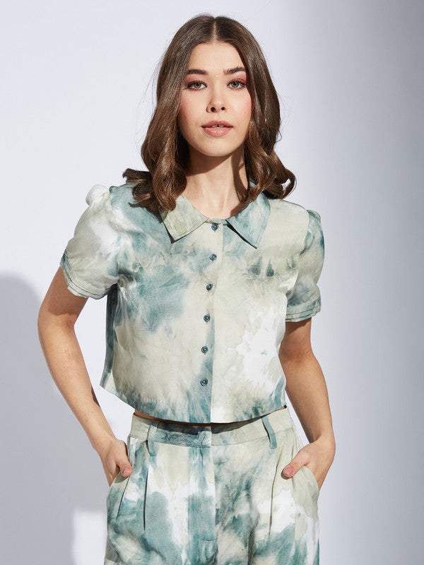 Latin Quarter Women Green Collar Neck Half Sleeve Printed Casual Shirt Blouse