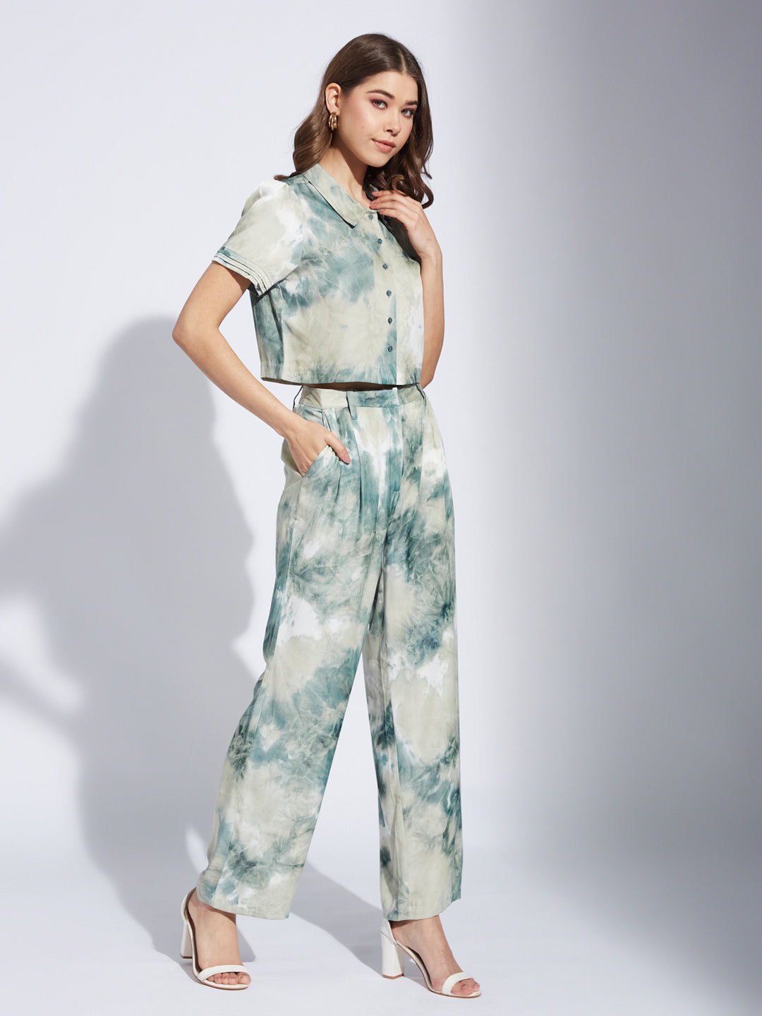 Latin Quarter Women Green Collar Neck Half Sleeve Printed Casual Shirt Blouse