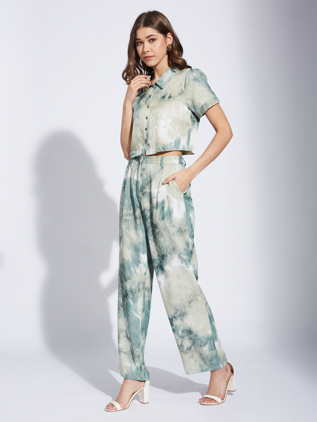 Latin Quarter Women Green Collar Neck Half Sleeve Printed Casual Shirt Blouse