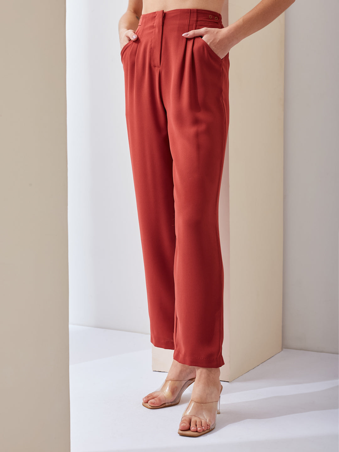 Latin Quarters Women Rust Solid High Rise Casual Straight Pant