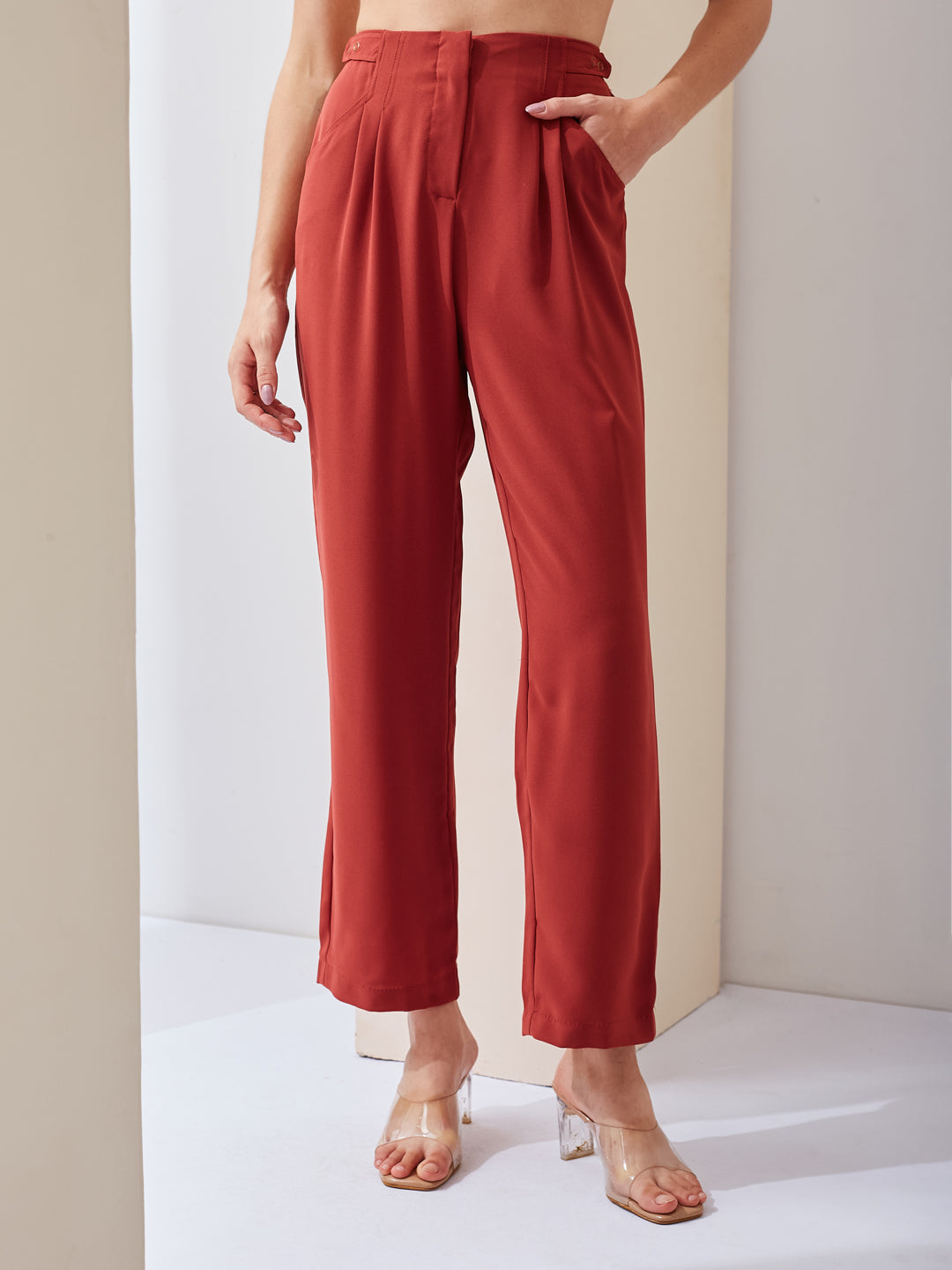 Latin Quarters Women Rust Solid High Rise Casual Straight Pant