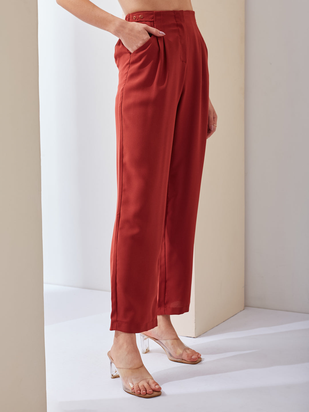 Latin Quarters Women Rust Solid High Rise Casual Straight Pant