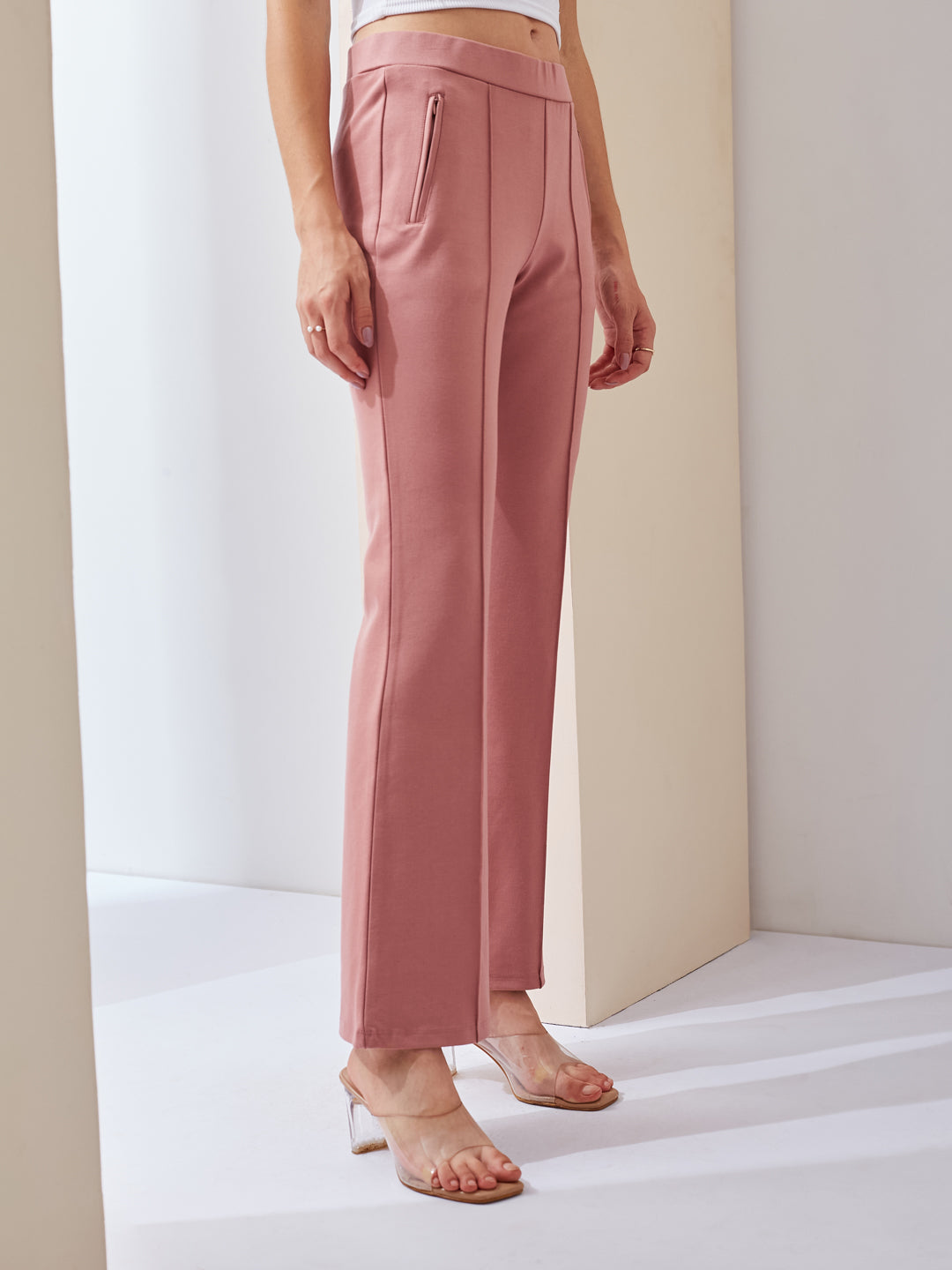Latin Quarters Women Pink Solid High Rise Casual Flared Trouser