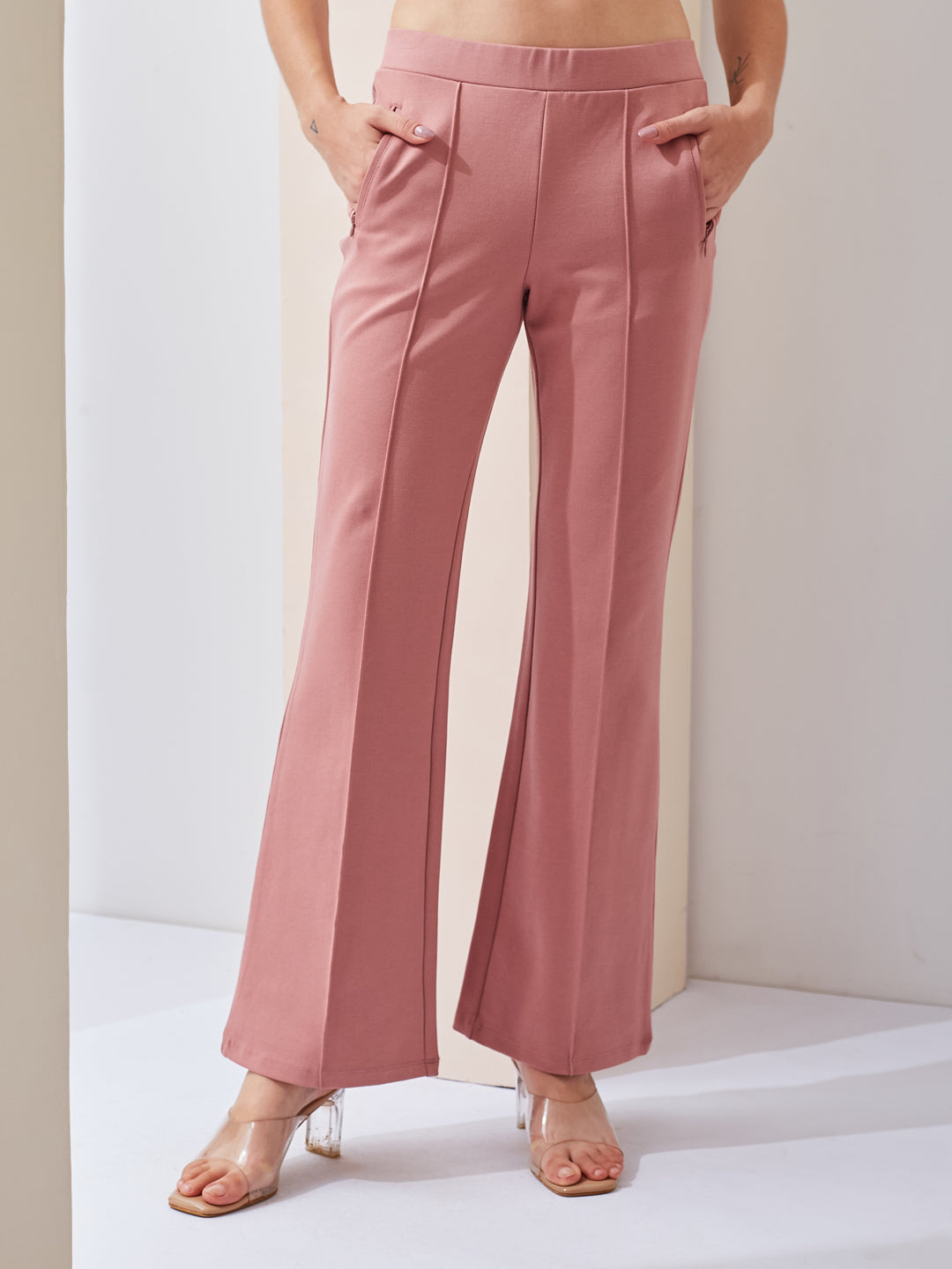 Latin Quarters Women Pink Solid High Rise Casual Flared Trouser