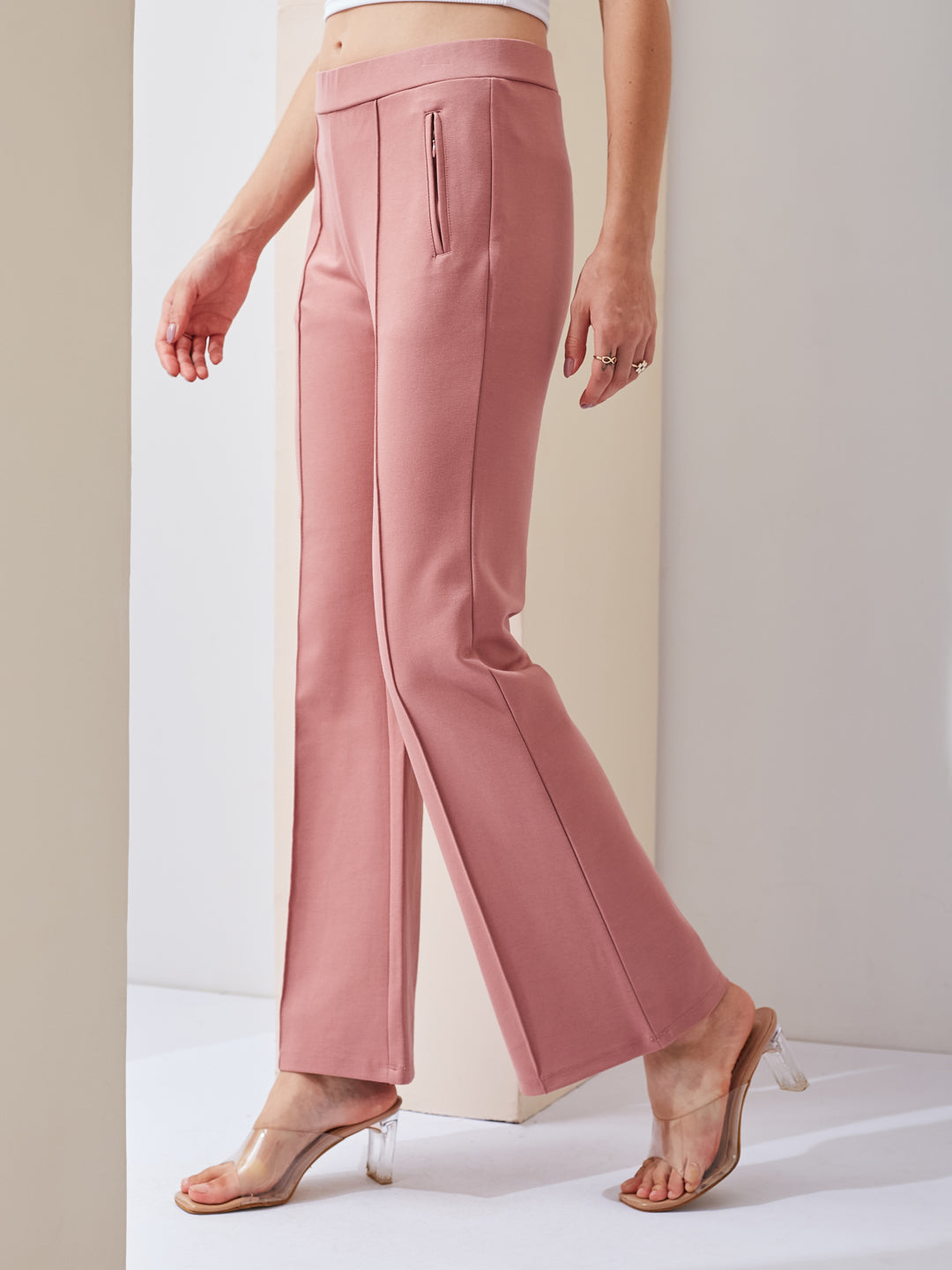 Latin Quarters Women Pink Solid High Rise Casual Flared Trouser
