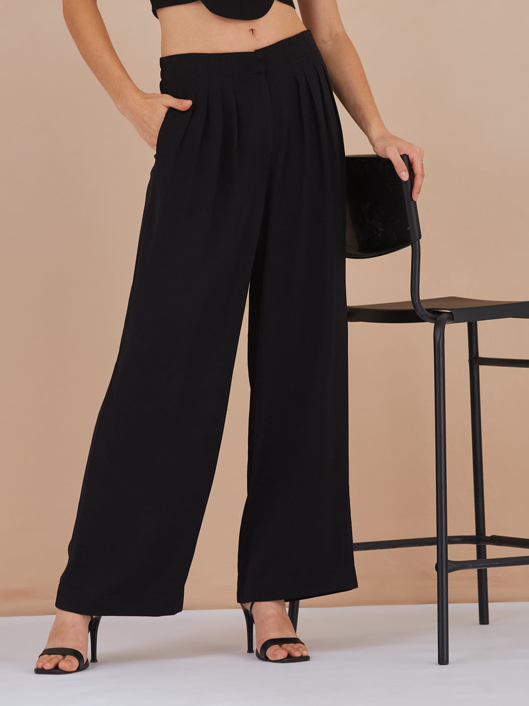Latin Quarters Women Black Solid High-Rise Wide Leg Trousers for Formal Occasion