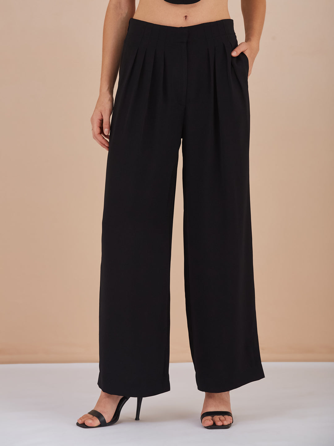 Latin Quarters Women Black Solid High-Rise Wide Leg Trousers for Formal Occasion
