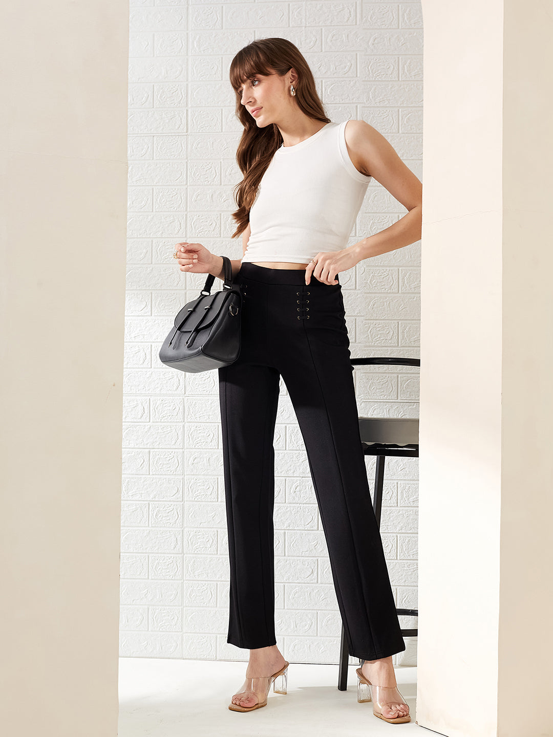 Latin Quarters Women's Black Solid High Rise Full Length Casual Straight Fit Trouser