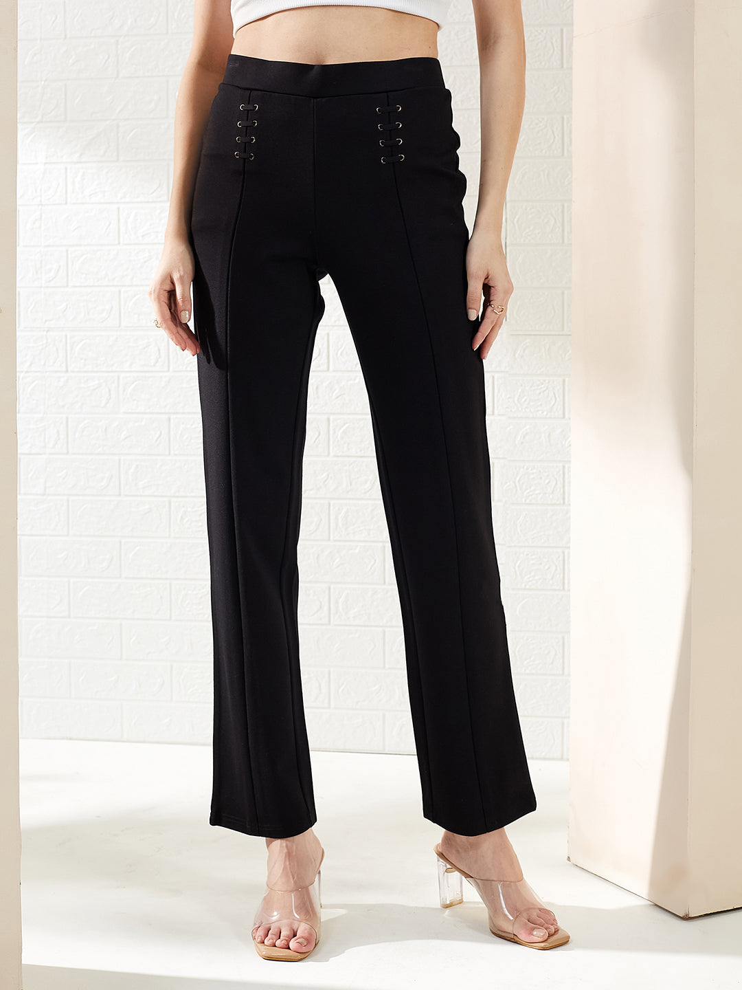 Latin Quarters Women's Black Solid High Rise Full Length Casual Straight Fit Trouser