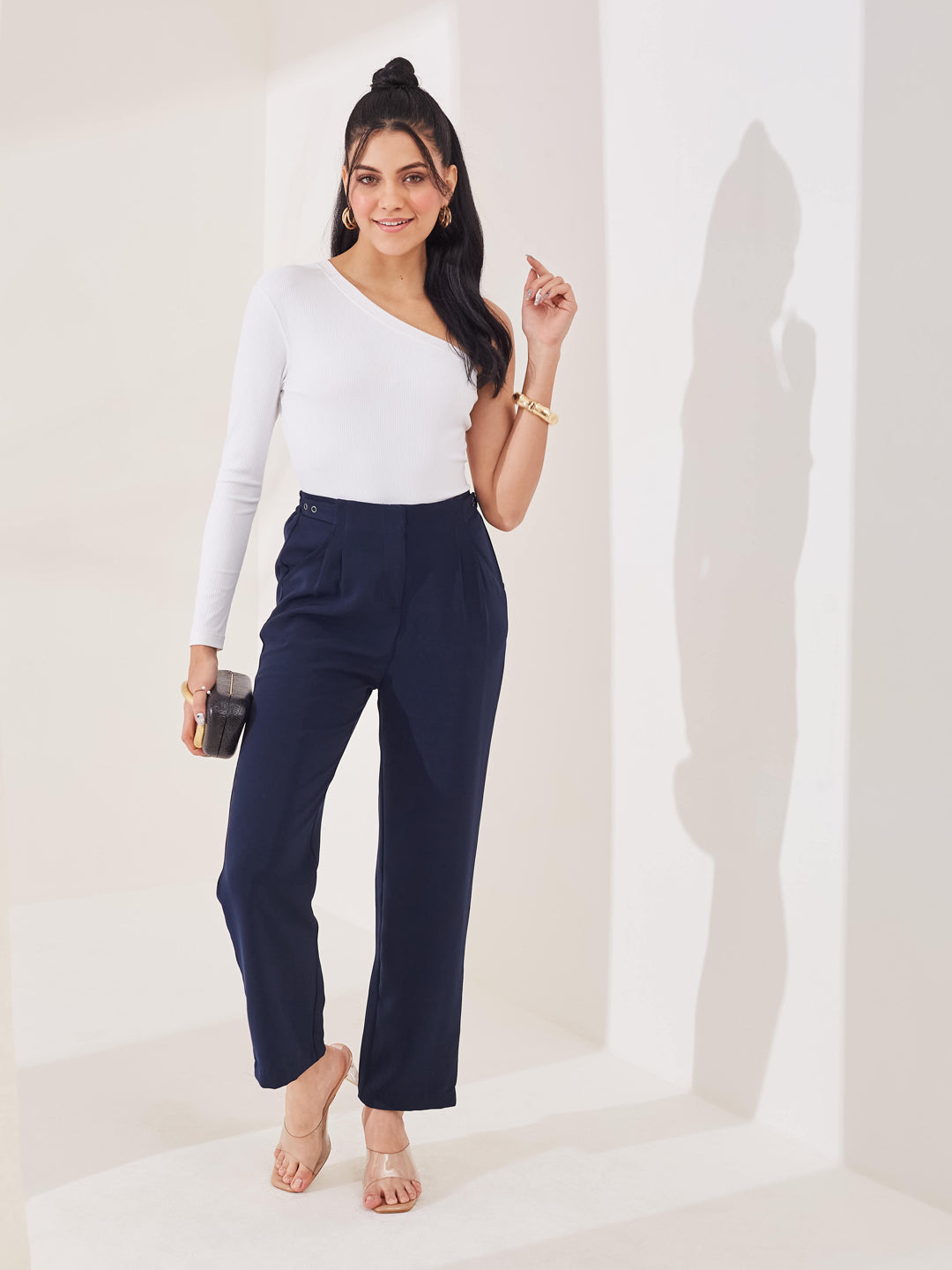 Latin Quarters Women's Blue Solid Casual High Rise Straight Fit Pant