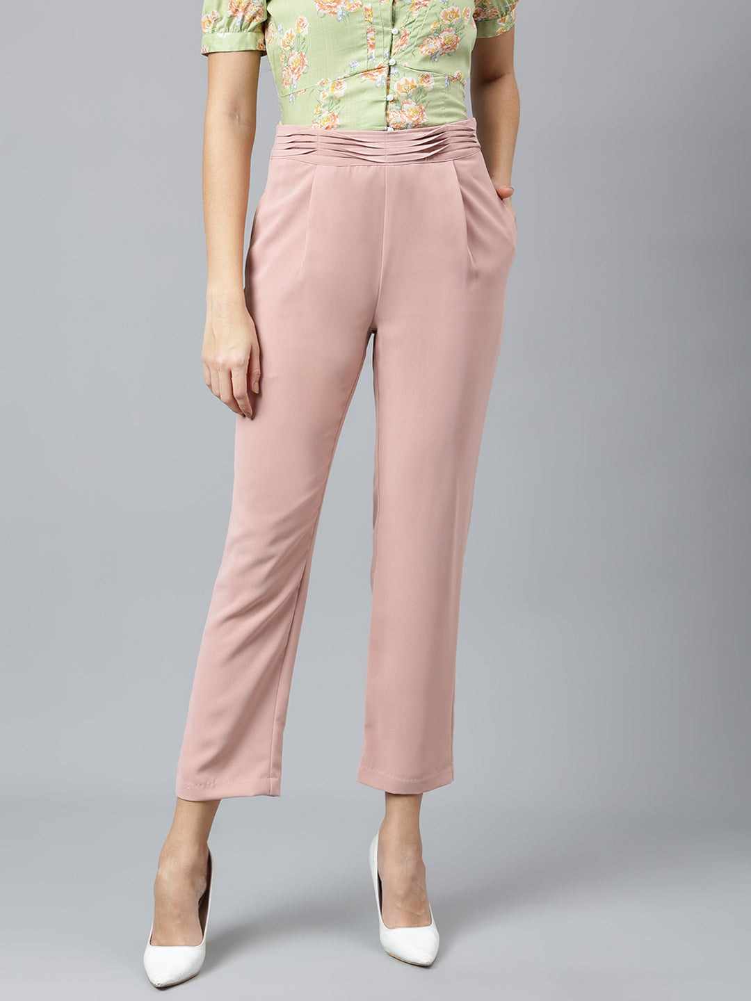 Pink Solid Casual Trouser Pant