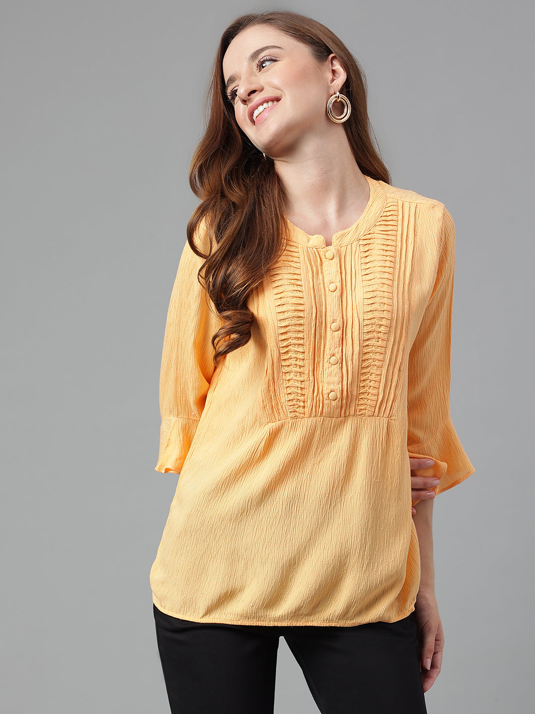 Papaya 3/4 Sleeve Solid Pleated Tunic