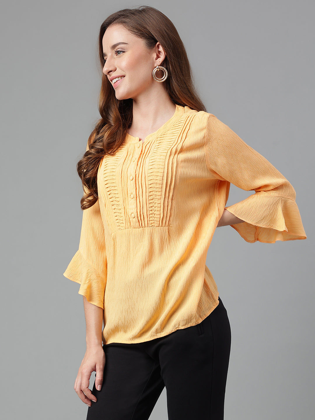 Papaya 3/4 Sleeve Solid Pleated Tunic