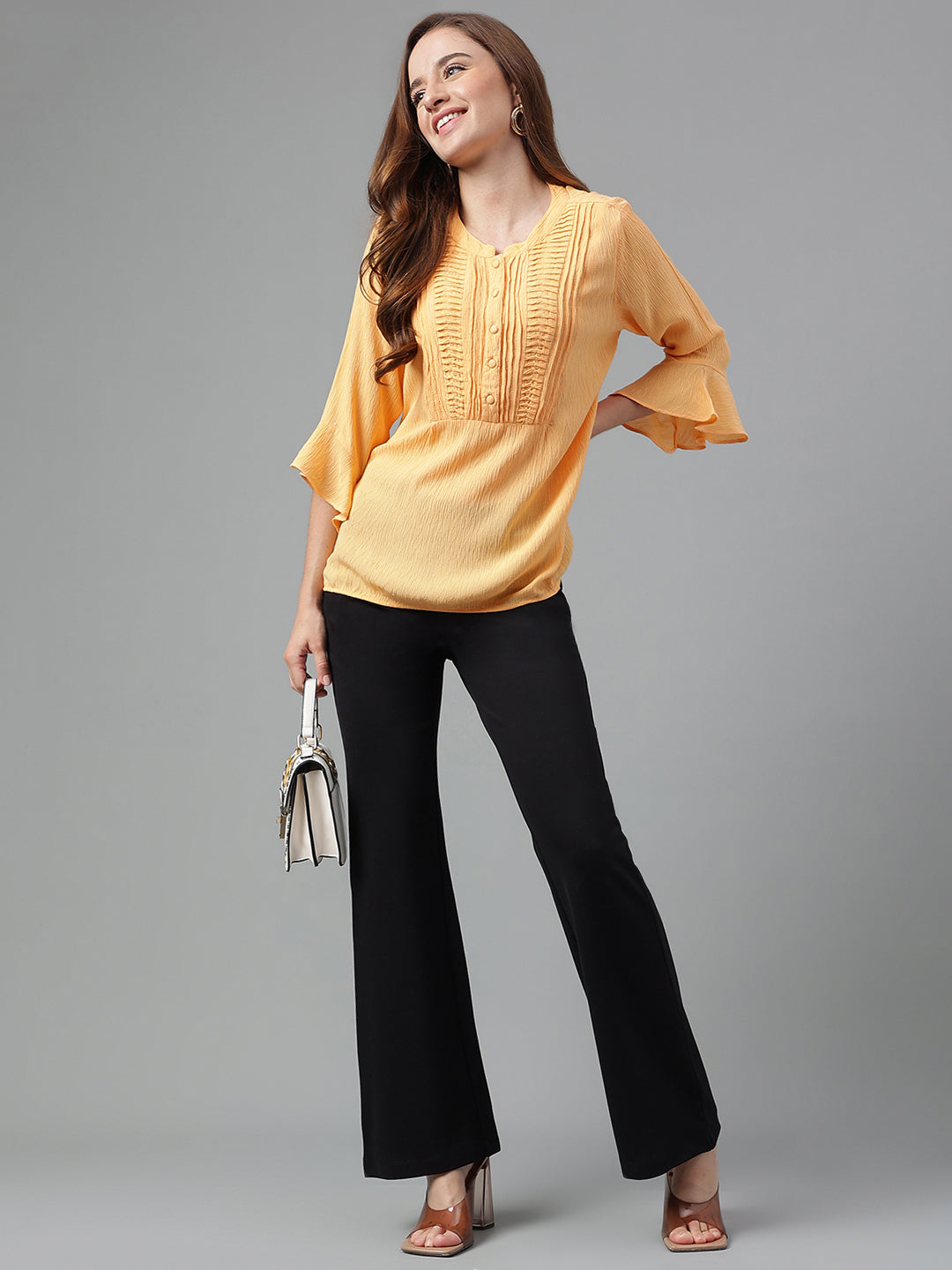 Papaya 3/4 Sleeve Solid Pleated Tunic