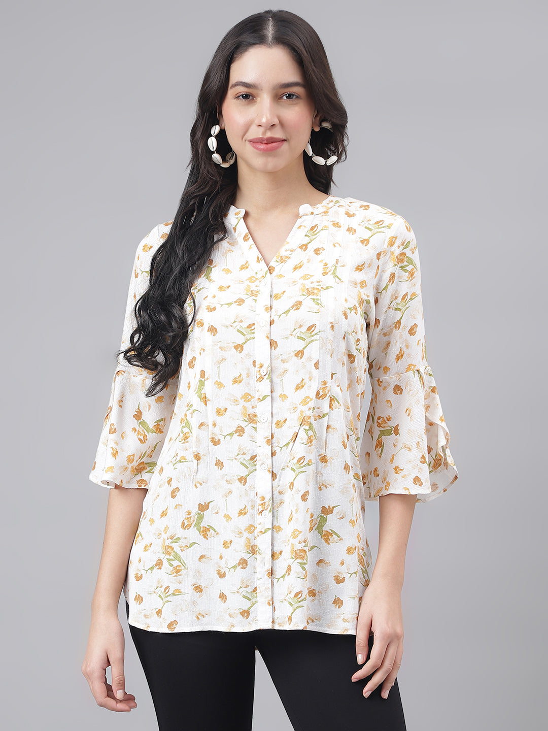 Yellow 3/4 Sleeve Mandarin Collar Women Floral Top