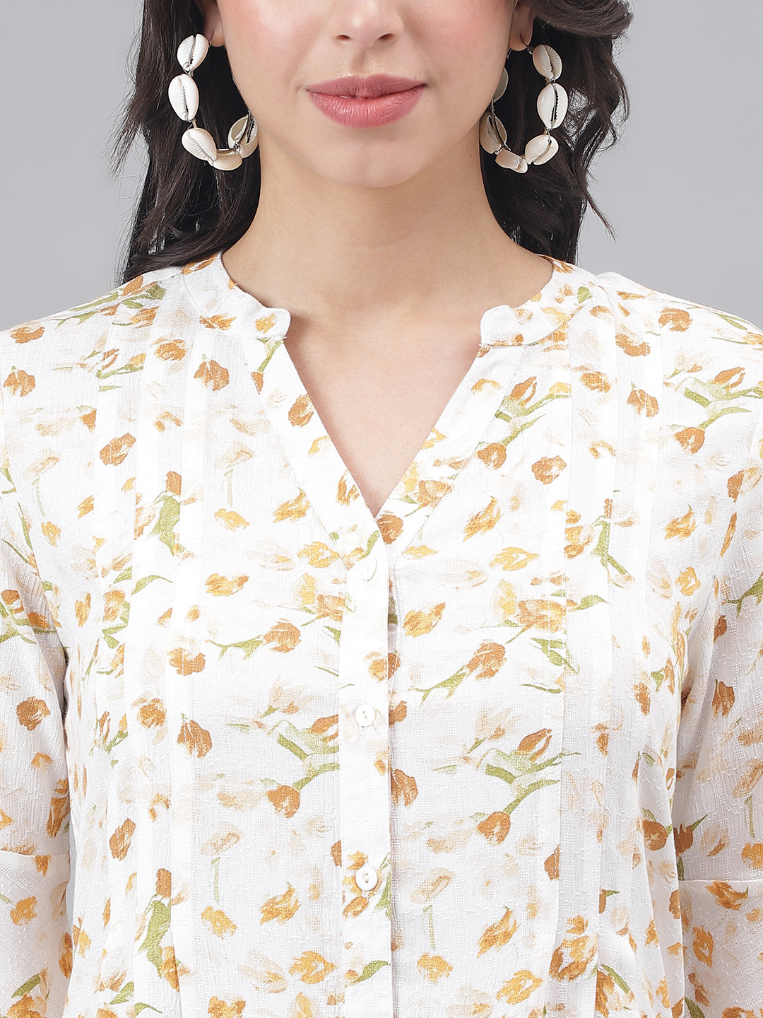 Yellow 3/4 Sleeve Mandarin Collar Women Floral Top